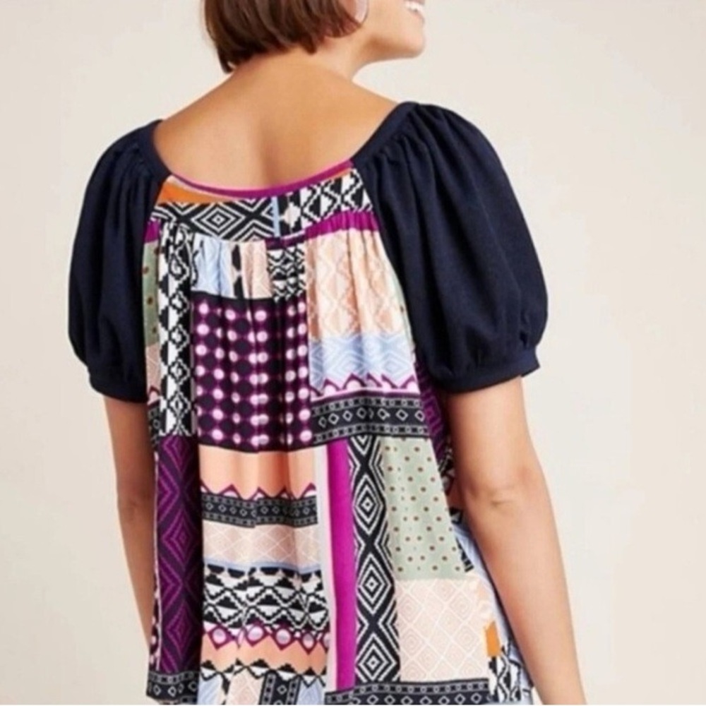 Maeve Anthropologie Puff Sleeve Patchwork Cataina Top - Picture 2 of 3